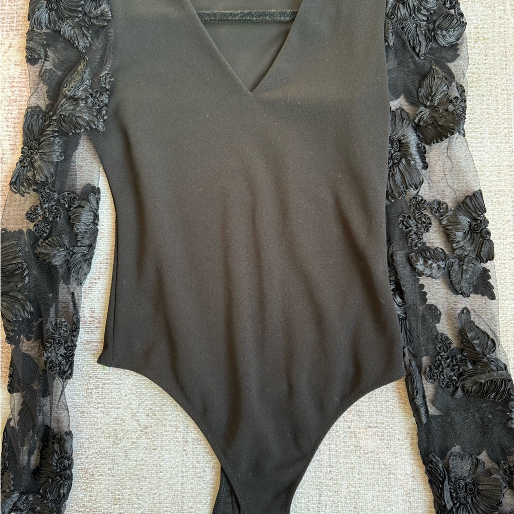 Black Bodysuit with Sheer Floral Sleeves